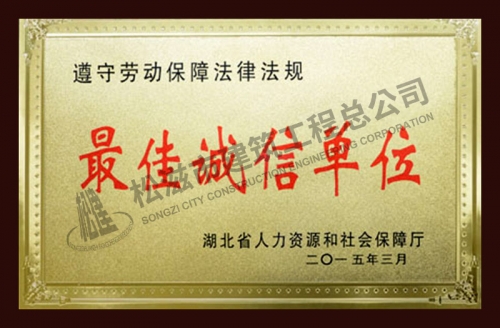 2015遵守劳动保障法律法规最佳诚信单位
